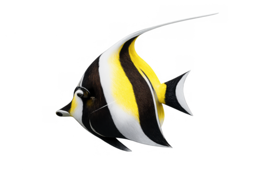 Moorish idol tropical fish swimming, displaying distinctive black, yellow, and white banded patterns, with transparent background - Powered by Adobe
