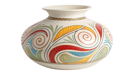 Traditional handcrafted ceramic vase featuring vibrant swirling patterns and ancient artistic motifs on transparent background