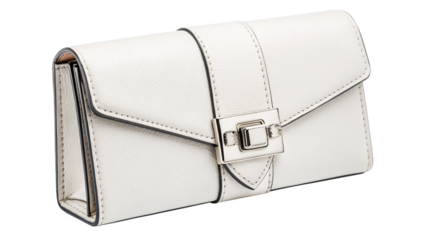 Elegant rectangular white leather clutch purse with silver hardware closure shown at a slight angle on transparent background