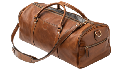 Elegant vintage style brown leather weekender duffel bag perfect for travel adventures on transparent background