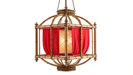 Elegant antique style hanging lantern featuring natural bamboo framework and vibrant red fabric shades on transparent background
