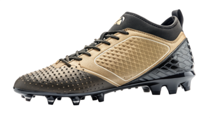 Sleek black and luxurious gold athletic cleat featuring detailed texture and durable studs on transparent background