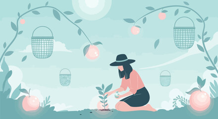 Woman planting seedling in garden, fruits and baskets hanging from tree branches