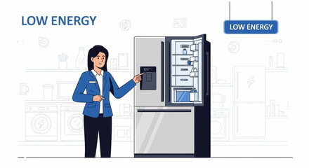 Woman points to energy-efficient refrigerator with "Low Energy" sign