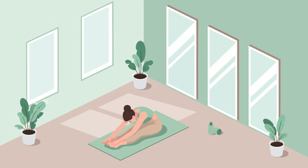Woman practicing yoga in a bright room with plants and mirrors