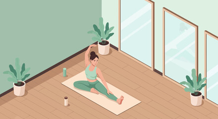 Woman practicing yoga in a bright studio with plants and mirrors