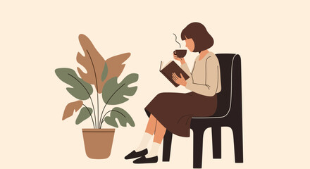 Woman reading book with coffee cup, plant in pot, calm home scene, flat illustration style