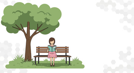 Woman reading book on park bench under tree, relaxing outdoor leisure scene
