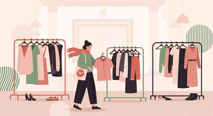 Woman Shopping for Clothes in a Boutique, Fashion Boutique Interior, Clothing Racks
