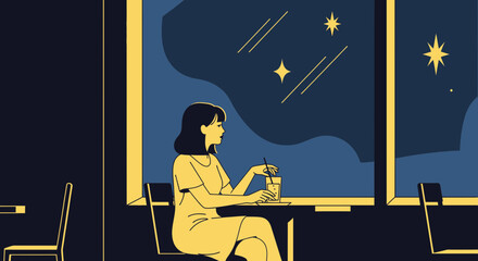 Woman sitting at cafe table, looking out window at night sky with stars