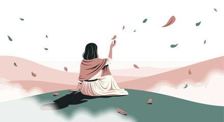 Woman sitting on hill, reaching for falling petals, soft pastel landscape, serene mood