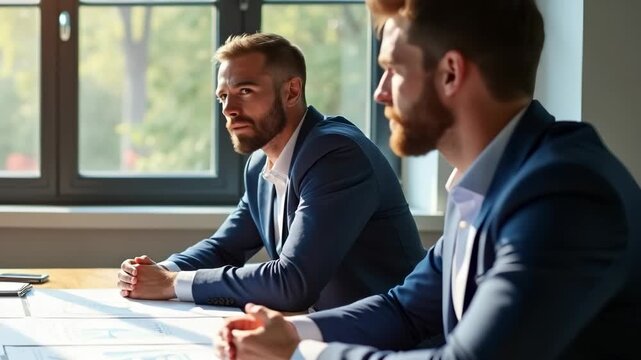 business meeting with professionals sitting around table, discussion and making decisions. bright office setting creates productive and focused atmosphere. Two businessmen in formal suits. men talking