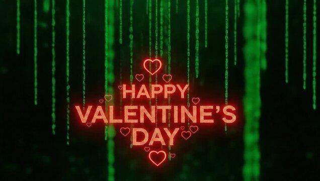 Digital valentine's day greeting with glowing red hearts and falling binary code streams