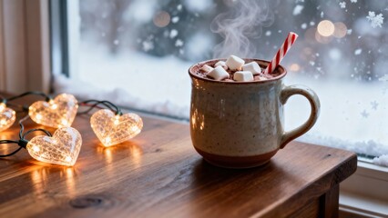 Warm cup of hot chocolate topped with marshmallows and a striped straw, placed on a wooden table beside glowing heart-shaped fairy lights, with a snowy window scene creating a cozy atmosphere