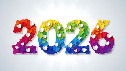 Rainbow 2026 with hearts, colorful numbers, festive design