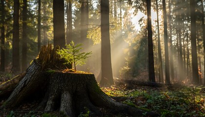 New life blossoms from an old tree stump, bathed in the ethereal glow of sun rays piercing a tranquil forest canopy