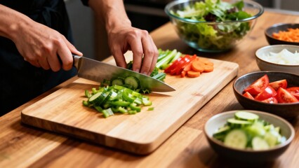 Skilled chef slicing fresh green vegetables on a wooden cutting board, surrounded by colorful chopped ingredients in bowls, creating a vibrant and healthy meal preparation scene