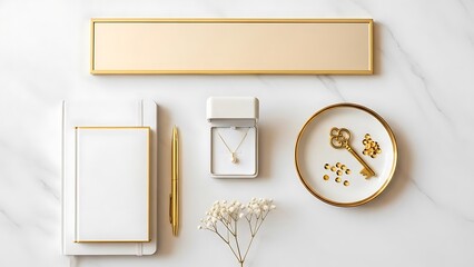Elegant white and gold flat lay with luxury jewelry and stationery for celebration