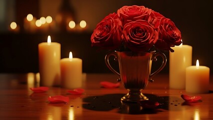 Romantic candlelit setting with red roses in golden vase and scattered petals