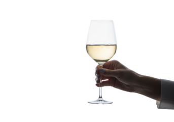 Gracefully posed human hand with pastel nails delicately holding crystal wine glass with pale golden wine on a transparent studio background, luxury refined enjoyment concept