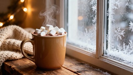 Warm cup of hot chocolate topped with fluffy marshmallows, resting on a rustic wooden table, with a cozy knitted blanket and frosty window in the background, evoking a winter atmosphere