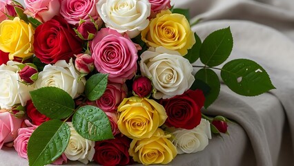 Beautiful bouquet of colorful roses, red pink white and yellow, arranged artfully, soft lighting, natural
