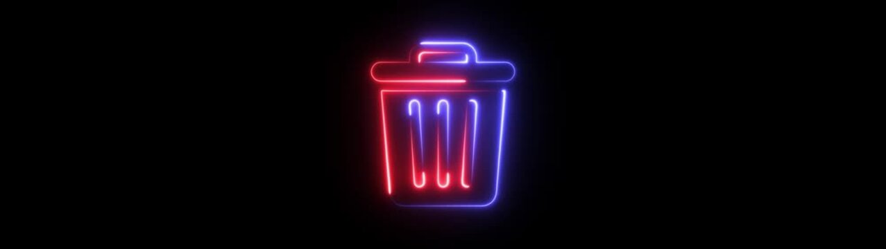 Neon glowing delete icon on black background 4k animation. office trash icon. delete animation icon