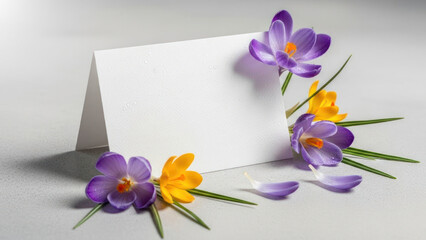 blank white card surrounded by purple and yellow crocus flowers on grey background