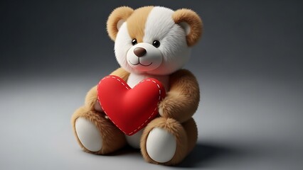 A cute brown and white teddy bear holding a stitched red heart against a clean gray background