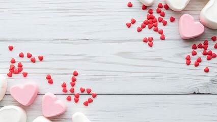 Valentine flat lay with red sugar hearts and pink marshmallows on white wooden background copy space