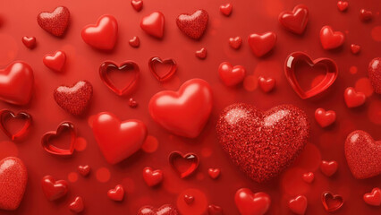 Various red hearts, some glittery, scattered on a red background.