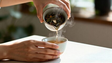 Hand pouring herbal tea from a small bowl into a cup, steam rising in a cozy indoor setting, surrounded by natural light and greenery, creating a calming atmosphere for relaxation and mindfulness