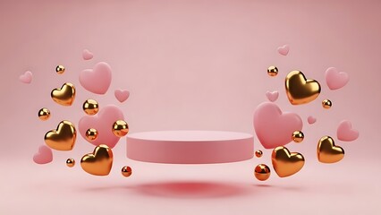 Floating pink and gold hearts surrounding empty podium for product display on minimal background art