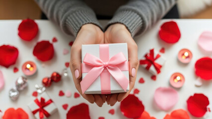 Person holding a gift box surrounded by rose petals and small decorative items.