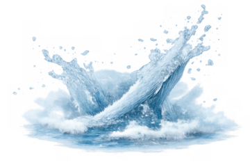 Water splashing with foam and spray, creating a refreshing impact and dynamic motion. Transparent background allowing versatile use