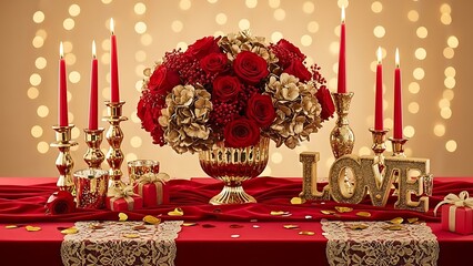 Luxury valentines day dinner table setting with red roses gold candles and glitter love sign decor