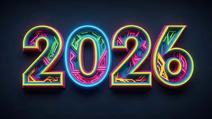 Neon colorful 2026 numbers, glowing bright on dark background, futuristic design