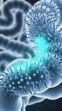 3D Microscopic Blue Virus Or Bacteria With Glowing Cyan Spikes Floating In Dark Environment For Medical Research