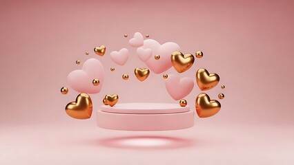 Romantic pink podium with gold hearts and bokeh background for valentines day celebration anniversary