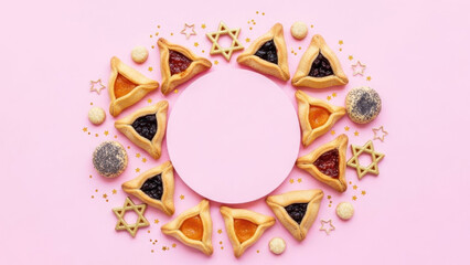 Assorted hamantaschen cookies and decorative edible shapes on pink background.
