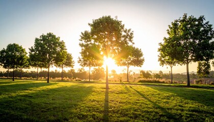 Obraz premium Sunrise over a serene landscape with trees in a lush green field