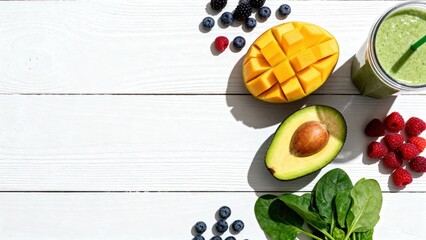 Fresh fruits and vegetables arranged on a wooden surface, featuring mango, avocado, spinach, and a green smoothie, creating a vibrant and healthy food composition with copy space