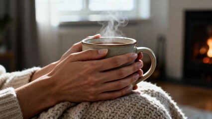 Cozy hands wrapped around a steaming mug of hot beverage, sitting on a soft knitted blanket, with a warm fireplace glowing in the background, creating a serene and inviting atmosphere for relaxation