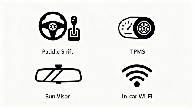 Elements such as paddle shifters and tire pressure monitoring, representing vehicle configurations like sun visors and in-car WiFi, are suitable for automotive promotional materials.
