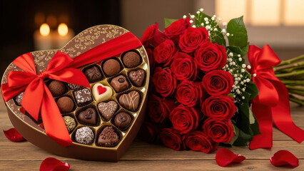 Heart-shaped box of assorted chocolates with a bouquet of red roses.