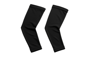 Pair of realistic black compression arm sleeves for sports protection and muscle support lying flat for athletic wear product photography isolated on transparent background
