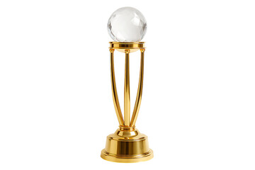 Elegant golden trophy with three pillars supporting a clear crystal diamond cut ball for corporate or sports excellence achievement award isolated on transparent background