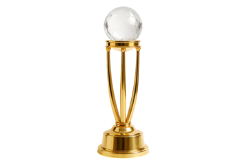 Elegant golden trophy with three pillars supporting a clear crystal diamond cut ball for corporate or sports excellence achievement award isolated on transparent background
