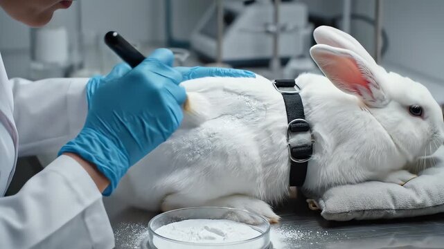Scientist In Blue Gloves Applies Powder To White Rabbit During Cruelty Free Testing Experiment In Laboratory