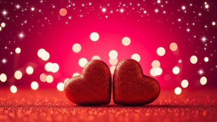 Two glittery red hearts on sparkling surface with bokeh lights, love and valentines background